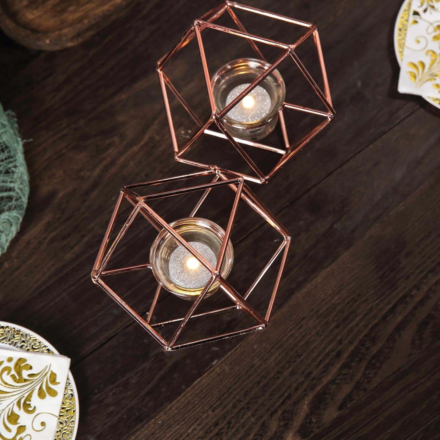 Set of Metal Candle Holders Linked Geometric Design Rose Gold - Modern Table Decor with Votive Glass for Gatherings 11"