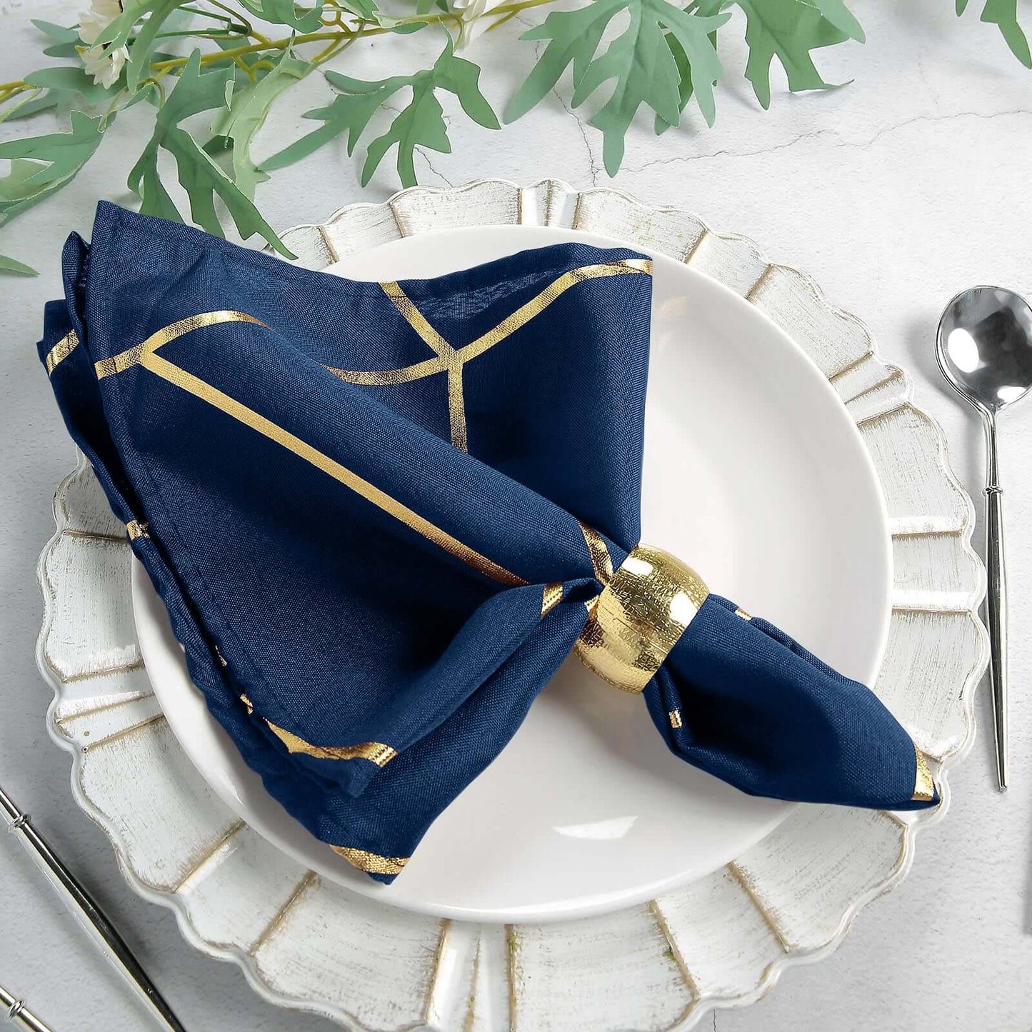 5 Pack Polyester 20"x20" Napkins Navy Blue with Gold Geometric Foil Pattern - Modern Reusable Dinner Napkins