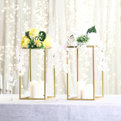 2-Pack Wedding Flower Stand Gold Metal Geometric Column Frame Rectangular - Versatile Floral Pedestal for Sophisticated Arrangements 16"