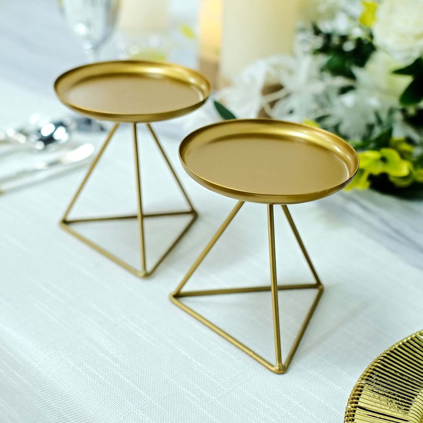 2-Pack Pillar Candle Holders Gold Metal Geometric Triangle Base Design - Decorative Centerpiece 5"