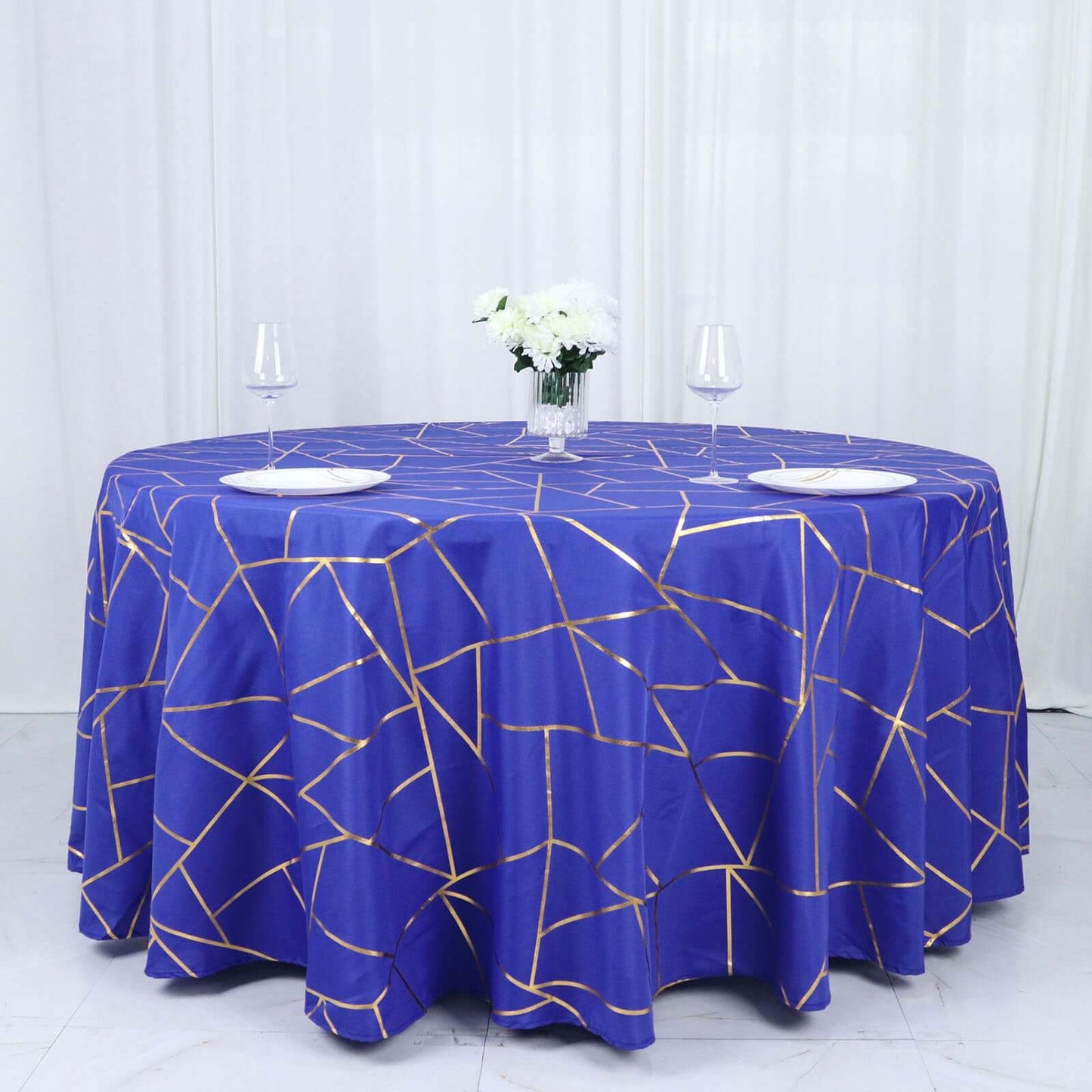 Polyester 120" Round Tablecloth Royal Blue with Gold Foil Geometric Pattern Wrinkle-Resistant Seamless Table Cover