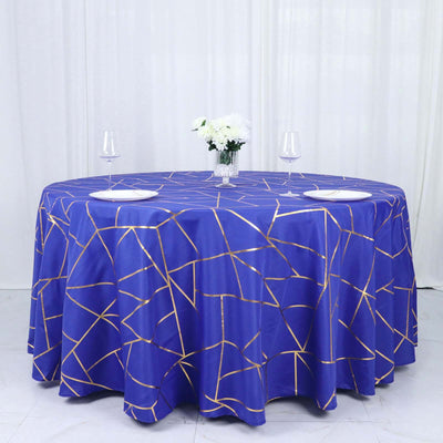 Polyester 120" Round Tablecloth Royal Blue with Gold Foil Geometric Pattern Wrinkle-Resistant Seamless Table Cover