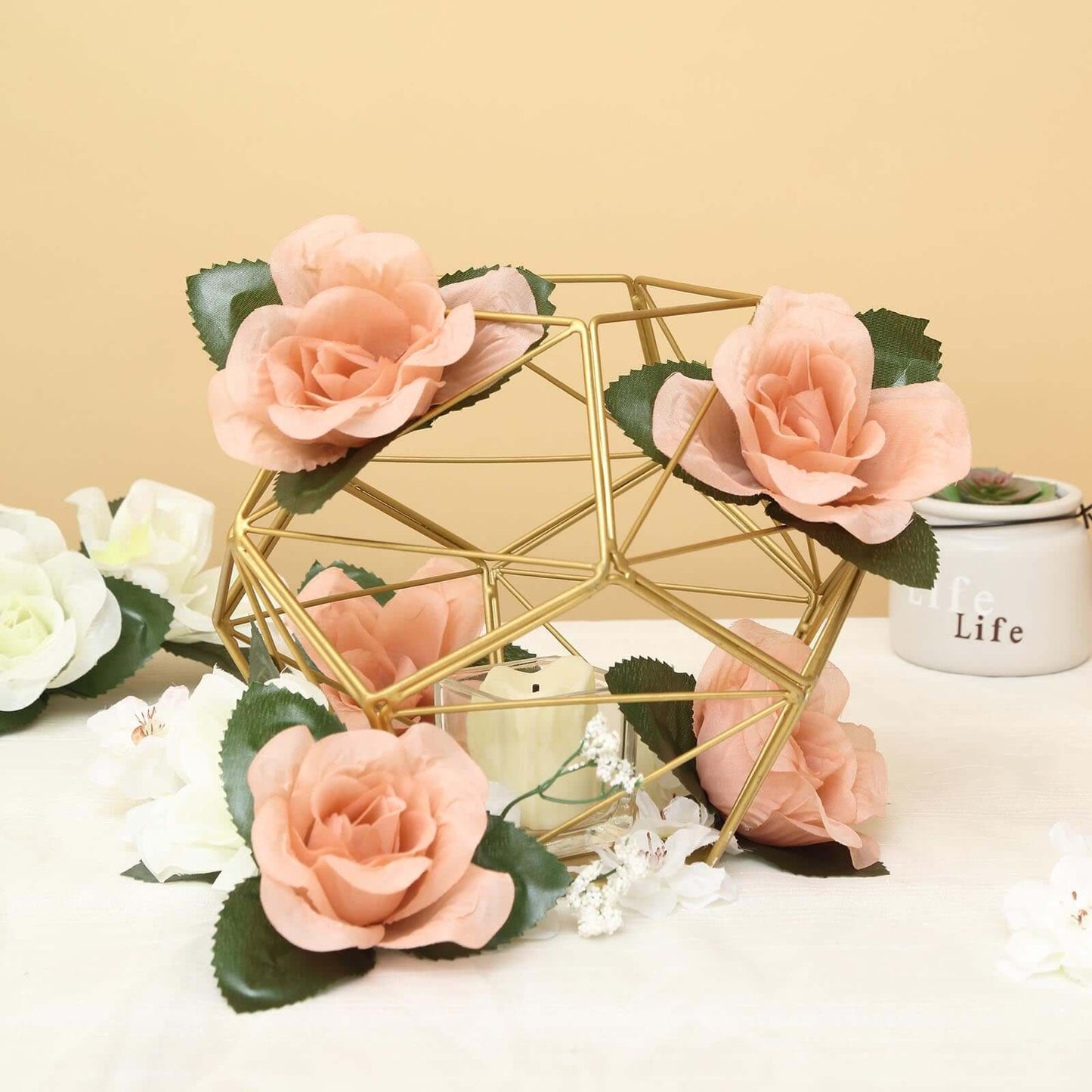 Tealight Candle Holder Gold Metal Pentagon Prism Geometric Open Frame - Flower Stand 7"