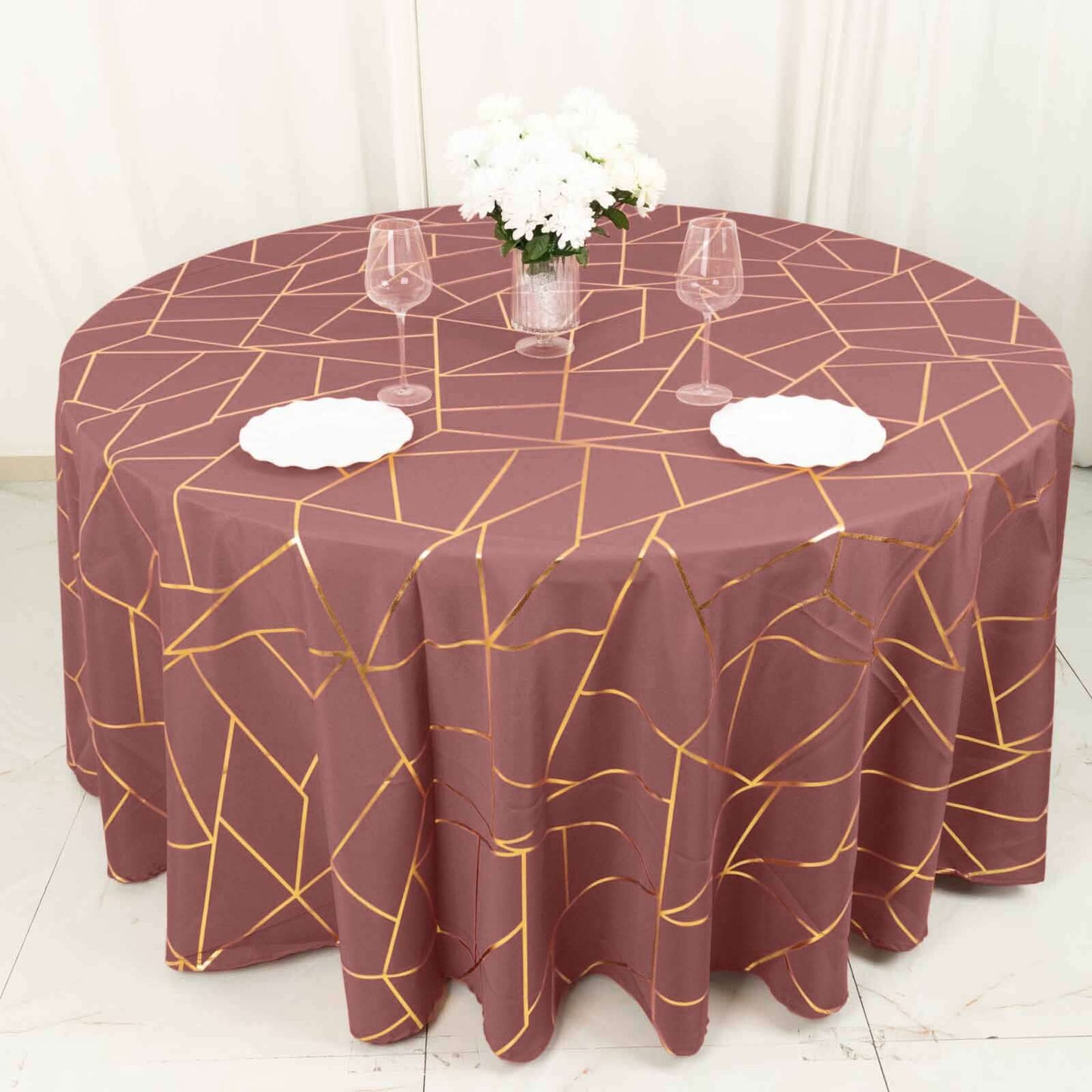 Polyester 120" Round Tablecloth Cinnamon Rose with Gold Foil Geometric Pattern Wrinkle-Resistant Seamless Table Cover