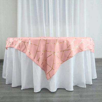 Polyester 54"x54" Table Overlay Square Tablecloth Dusty Rose with Gold Foil Geometric Pattern - Wrinkle-Resistant & Durable Table Topper