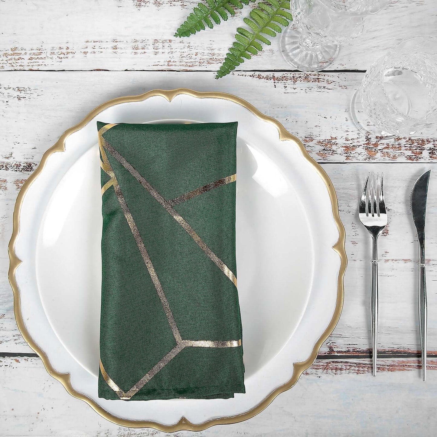 5 Pack Polyester 20"x20" Napkins Hunter Emerald Green with Gold Geometric Foil Pattern - Modern Reusable Dinner Napkins