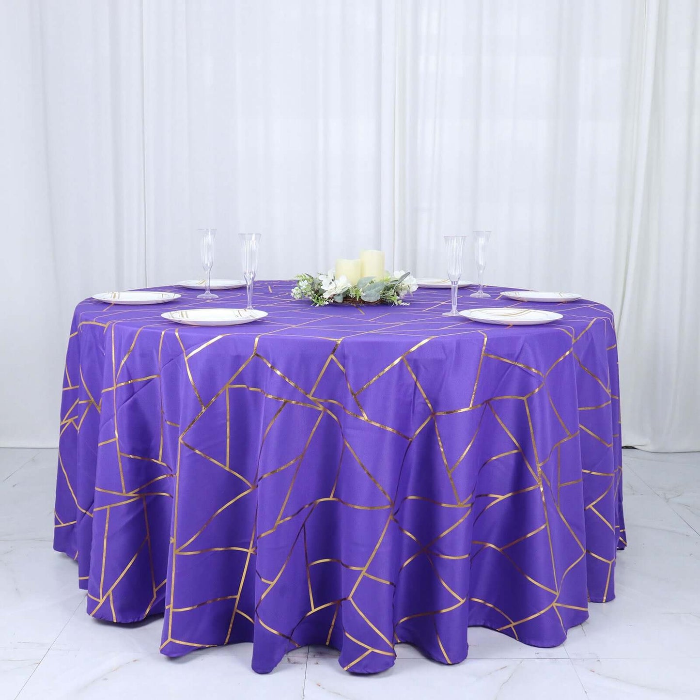 Polyester 120" Round Tablecloth Purple with Gold Foil Geometric Pattern Wrinkle-Resistant Seamless Table Cover