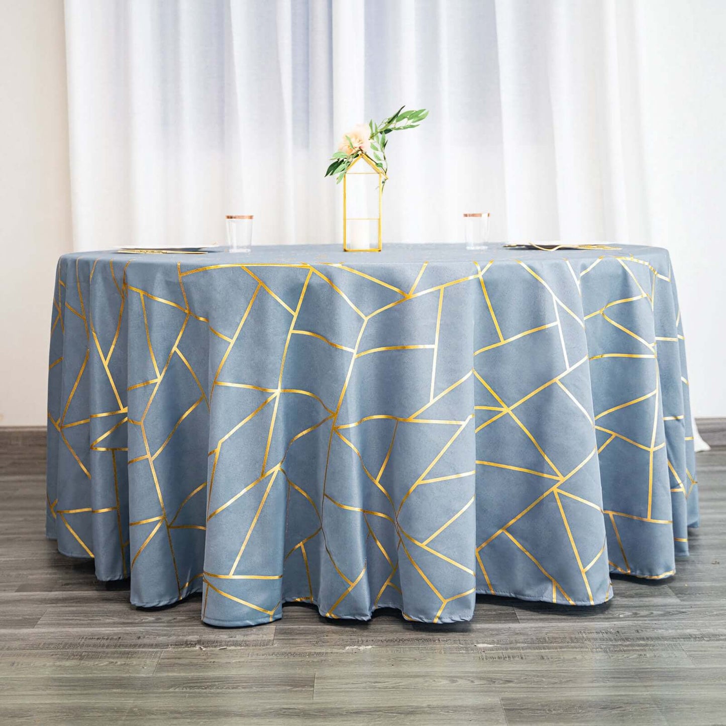 Polyester 120" Round Tablecloth Dusty Blue with Gold Foil Geometric Pattern Wrinkle-Resistant Seamless Table Cover