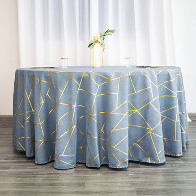 Polyester 120" Round Tablecloth Dusty Blue with Gold Foil Geometric Pattern Wrinkle-Resistant Seamless Table Cover
