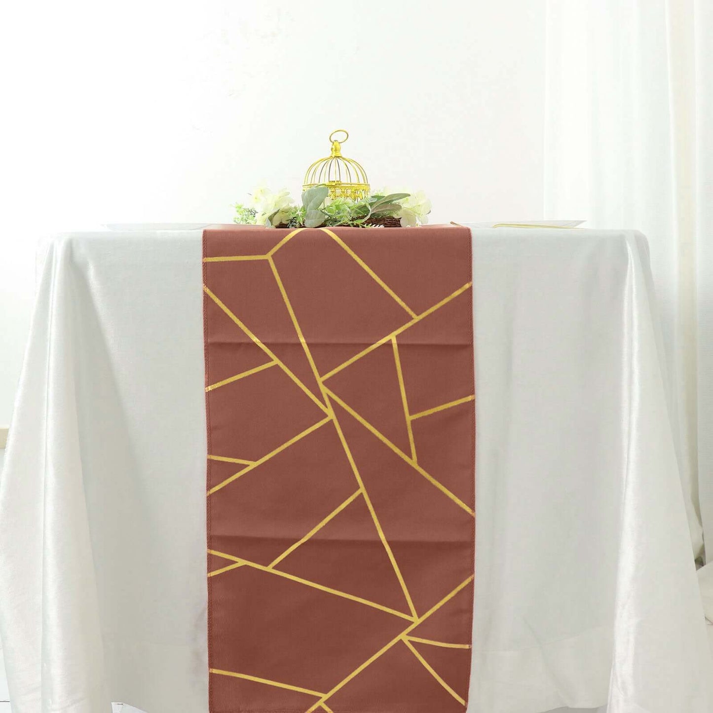 Polyester 9ft Table Runner Terracotta (Rust) with Gold Foil Modern Geometric Accent