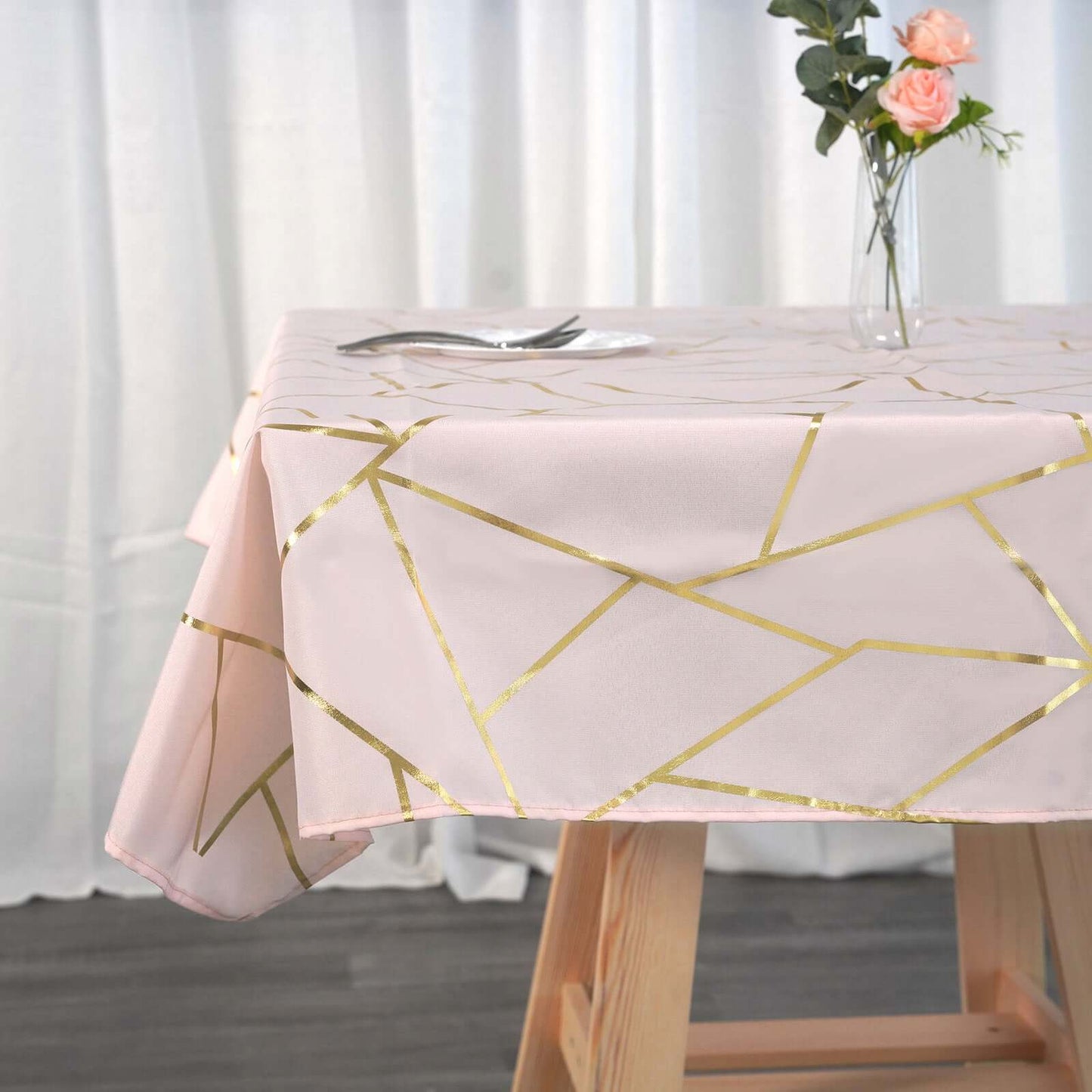 Polyester 54"x54" Square Tablecloth Blush with Gold Foil Geometric Pattern - Wrinkle-Resistant & Durable Table Cover