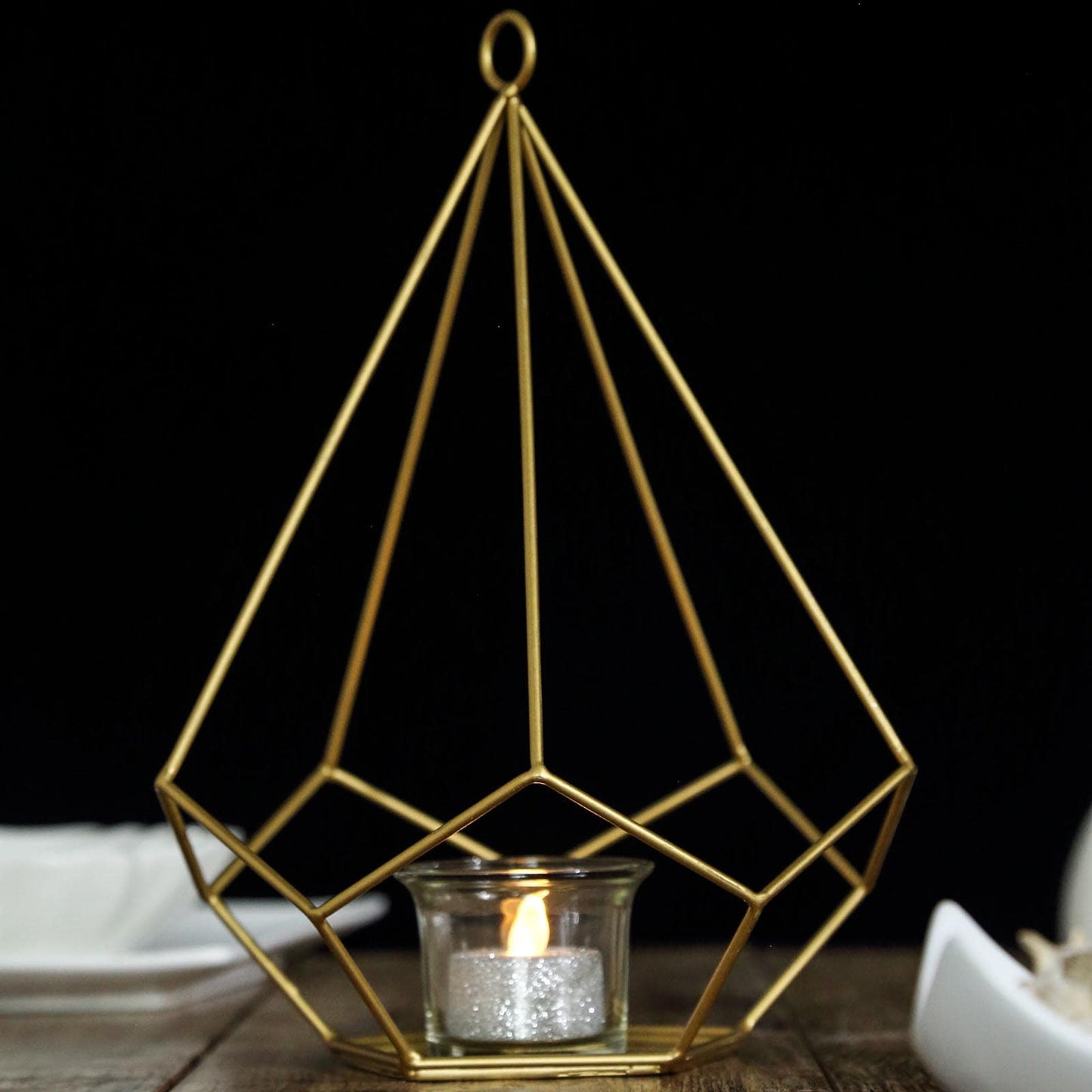 2-Pack Tealight Candle Holders Gold Metal Pentagon Geometric Open Frame - Flower Stand 9"