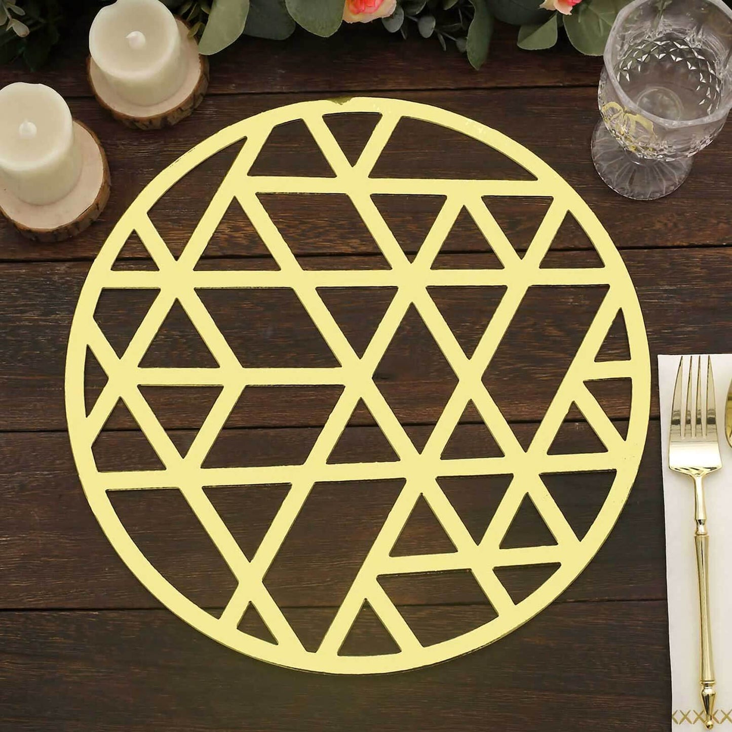 6-Pack Disposable Table Placemats in Metallic Gold Laser Cut Geometric Triangle Design - 700GSM Cardboard Placemats for Glamorous Table Settings 13"