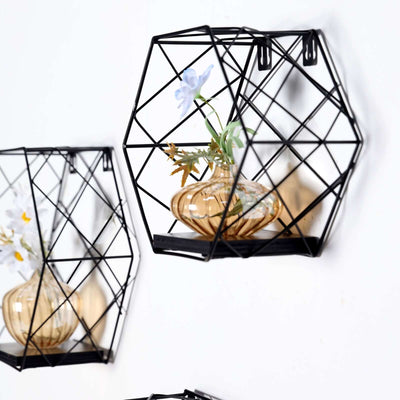 3 Pack Black Hexagonal Floating Wall Shelves, Decorative Geometric Wall Mounted Shelves - 9",12",14"