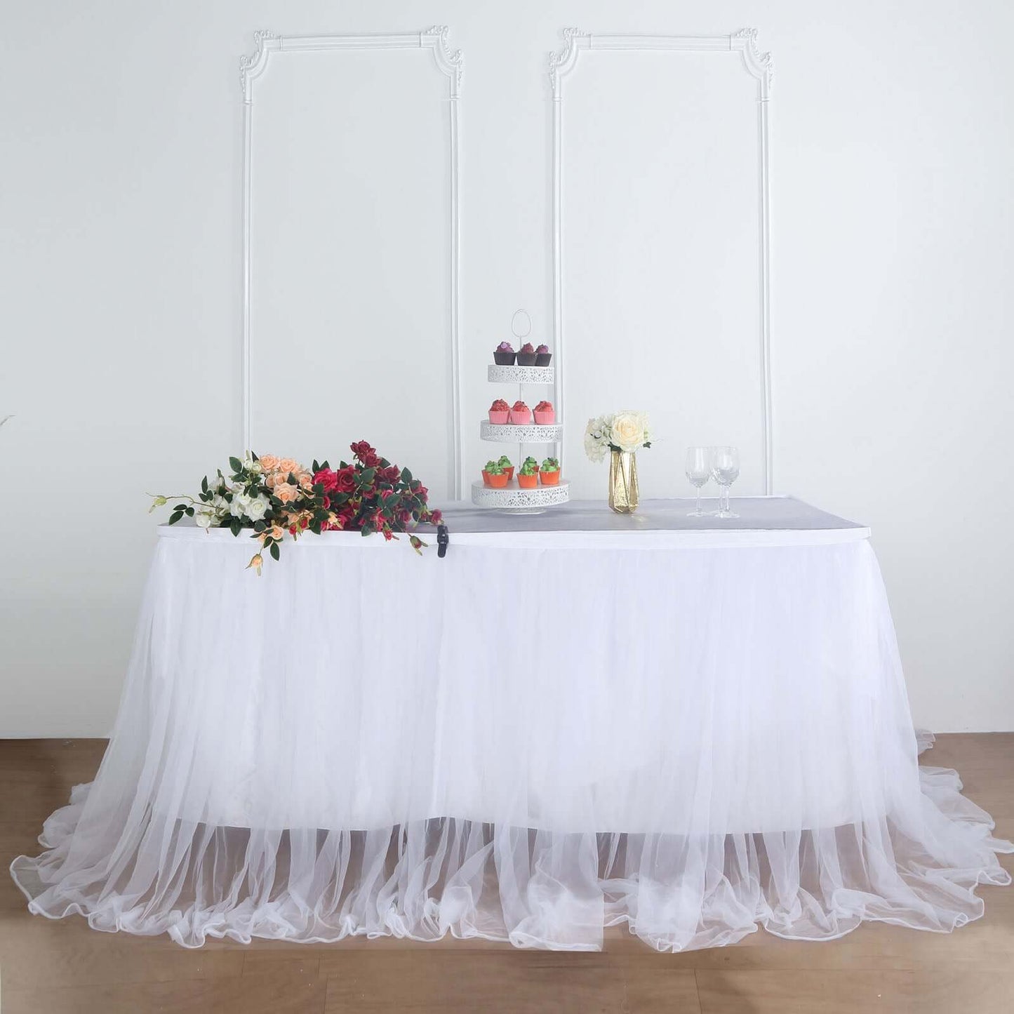 Extra Long Tulle 14ft Table Skirt White with Satin Edge - Table Cover for Baby Showers & Events