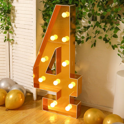 Giant LED Marquee Light Up Number ’4’’ Gold 4ft Pre-Cut Foam Board with 10 Warm White Battery Operated LEDs Glue Gun