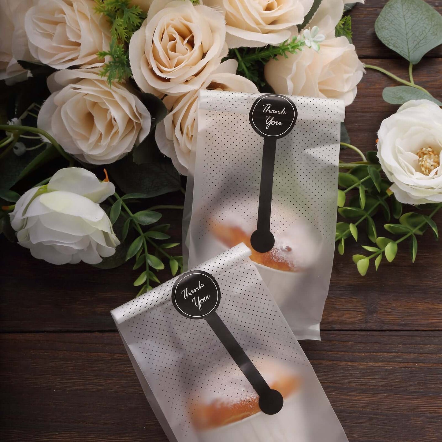 50 Pack Clear Black Dotted Plastic Goodie Gift Bags with "Thank You" Paper Stickers, Rectangular Party Favor Candy Treat Bags - 3"x9"