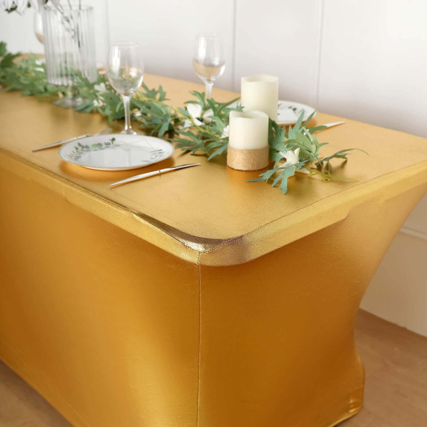 Stretch Spandex 72"x30" Rectangle Tablecloth Metallic Gold - Glamorous Form-Fitting Table Cover for Upscale Gatherings