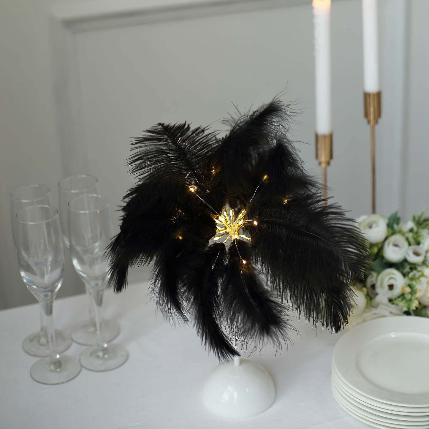 Table Lamp Ostrich Feather Design Black LED Battery Operated - Cordless Wedding Centerpiece 15"