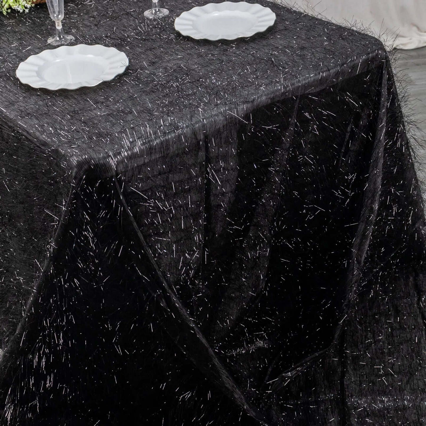 Polyester 90"x156" Rectangle Tablecloth Black Metallic Fringe Shag Tinsel Table Cover