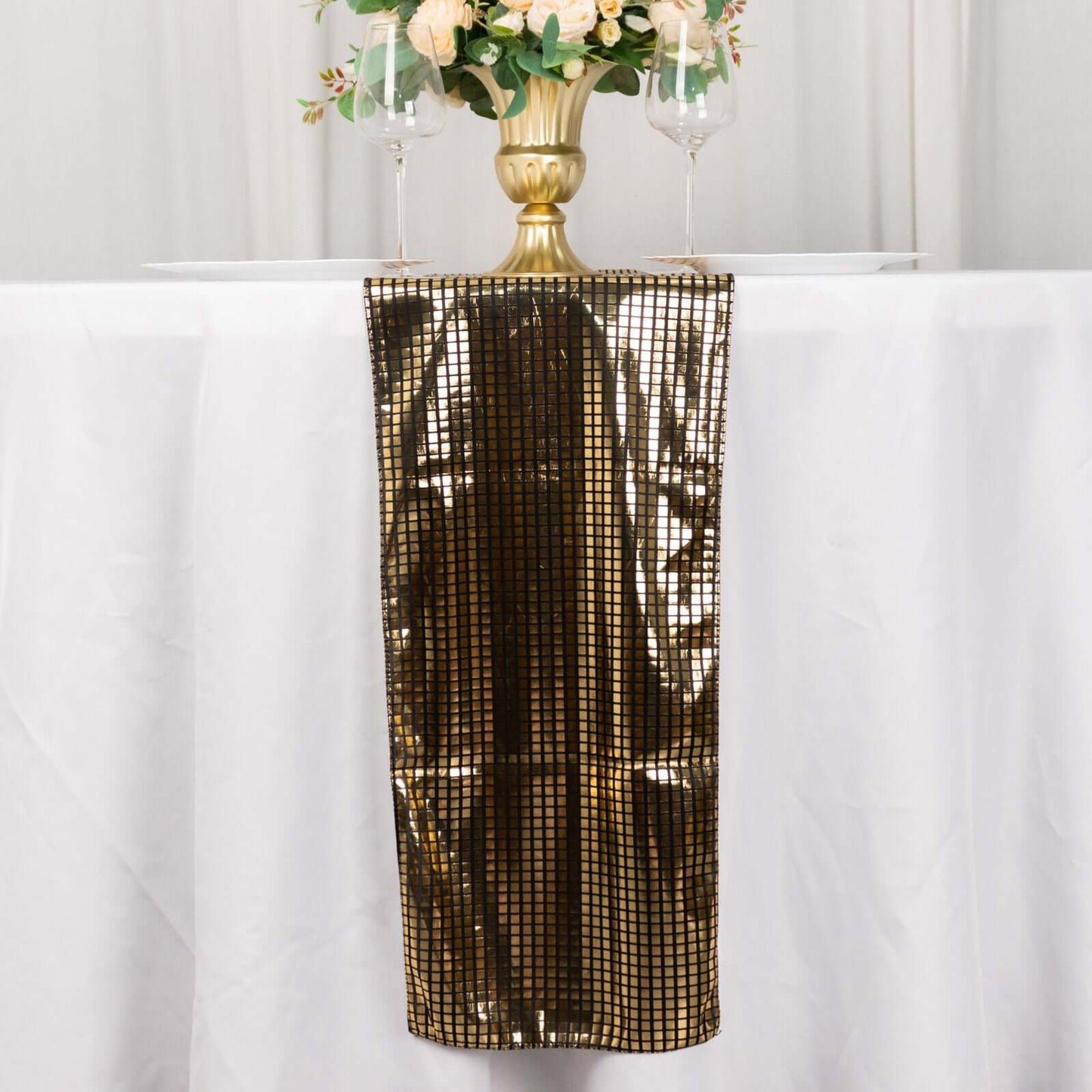 Mirror Foil Polyester 12"x108" Table Runner Black with Gold Metallic Square - Shiny Disco Theme Party Table Decor