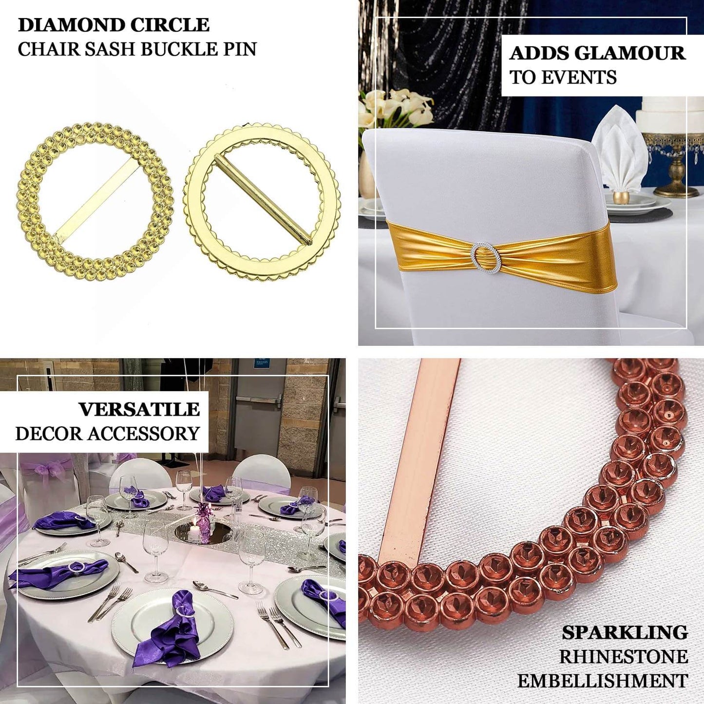 20 Pack Diamond Round Chair Sash Band Buckle Pins Pink - Timeless Rhinestone Napkin Rings 2.5"