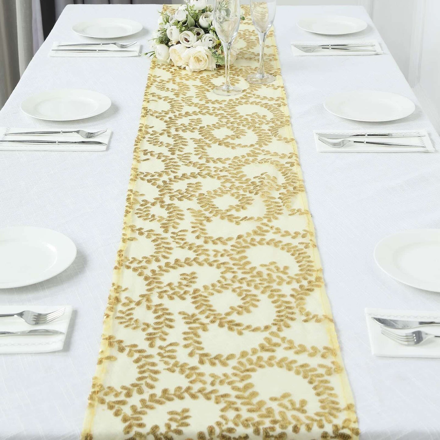 Mesh 12"x108" Table Runner Gold - Leaf Vine Sequin Embroidered Design for Sophisticated Occasion