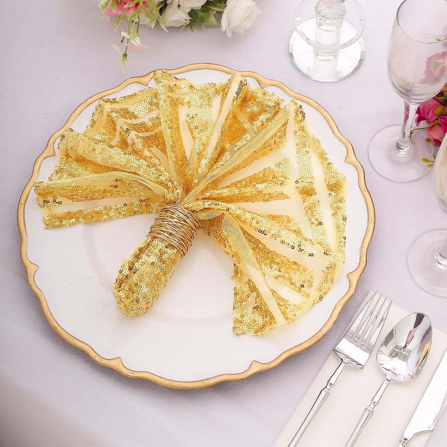 Sequin Napkins 20"x20" Gold - Diamond Pattern Reusable Napkin for Glamorous Table Settings