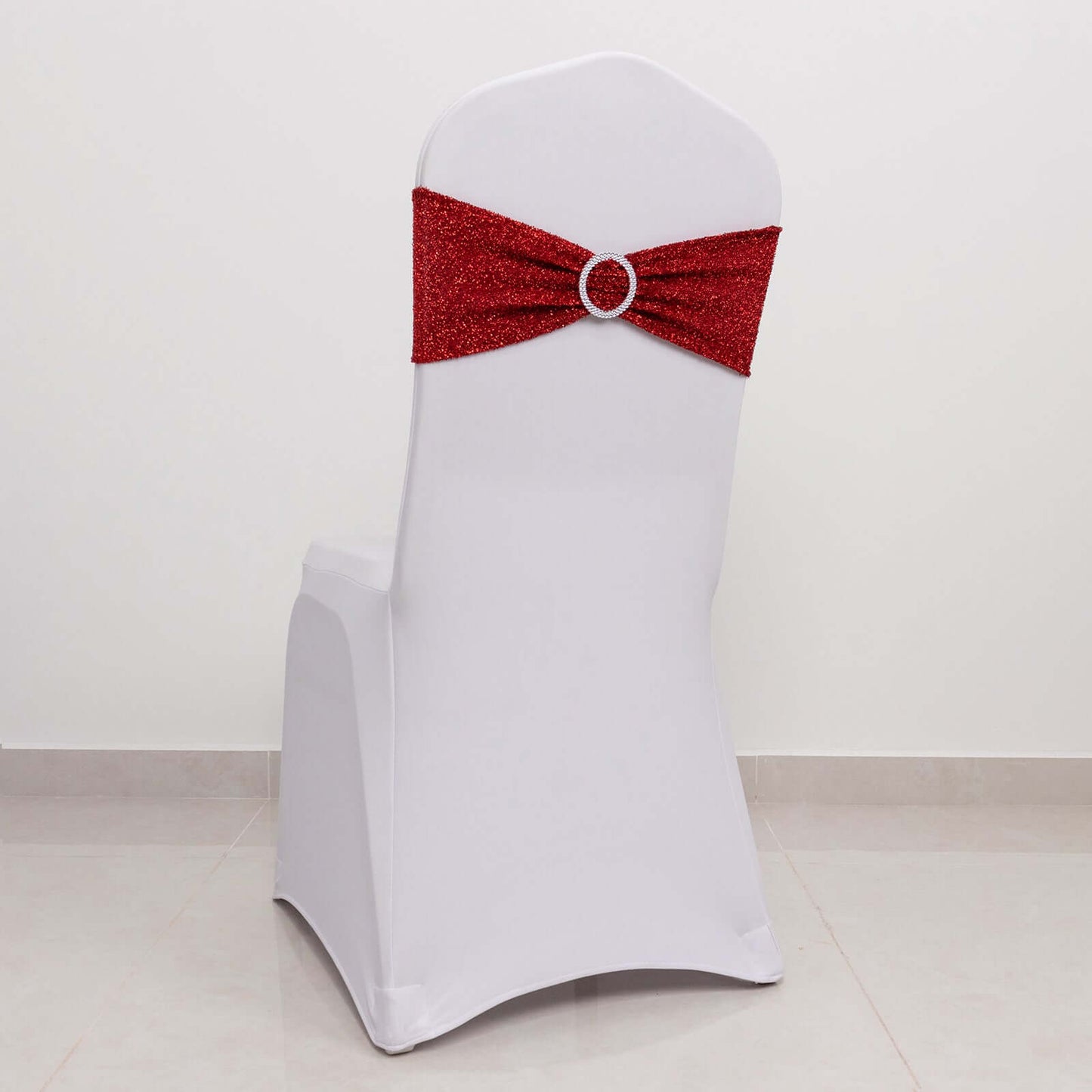 5 Pack Chair Sashes Shimmer Tinsel Spandex 5"x12" with Silver Rhinestone Buckles Red - Stylish Chair Bands