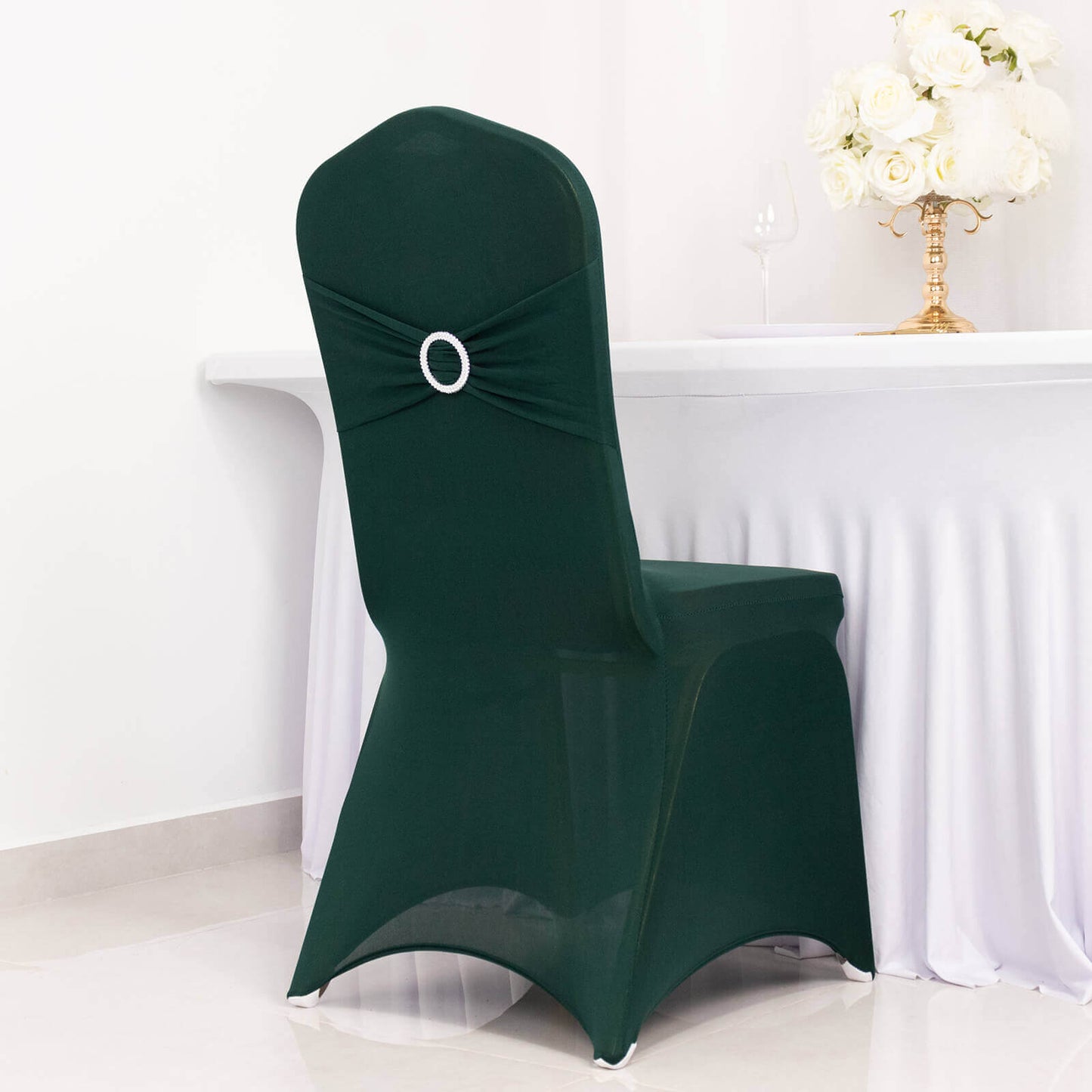 Spandex Chair Cover with Silver Rhinestone Buckled Sash Band Hunter Emerald Green - Stretch Fitted Slipcover