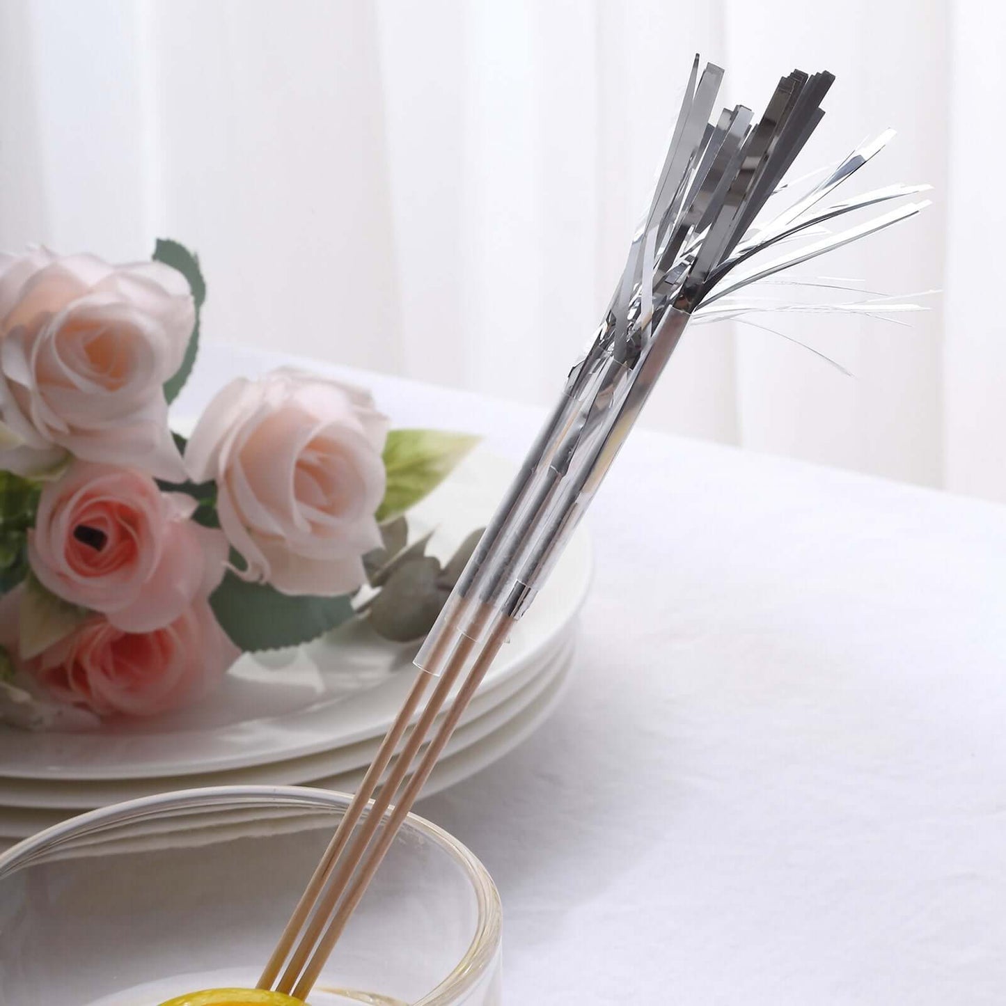 100-Pack Bamboo Cocktail Sticks Firework Cupcake Toppers Silver - Festive Foil Frills Food Picks 9"