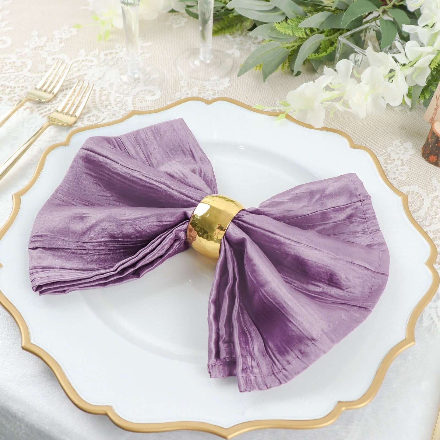 5 Pack Taffeta 20"x20" Napkins Violet Amethyst - Accordion Crinkle Dinner Napkins