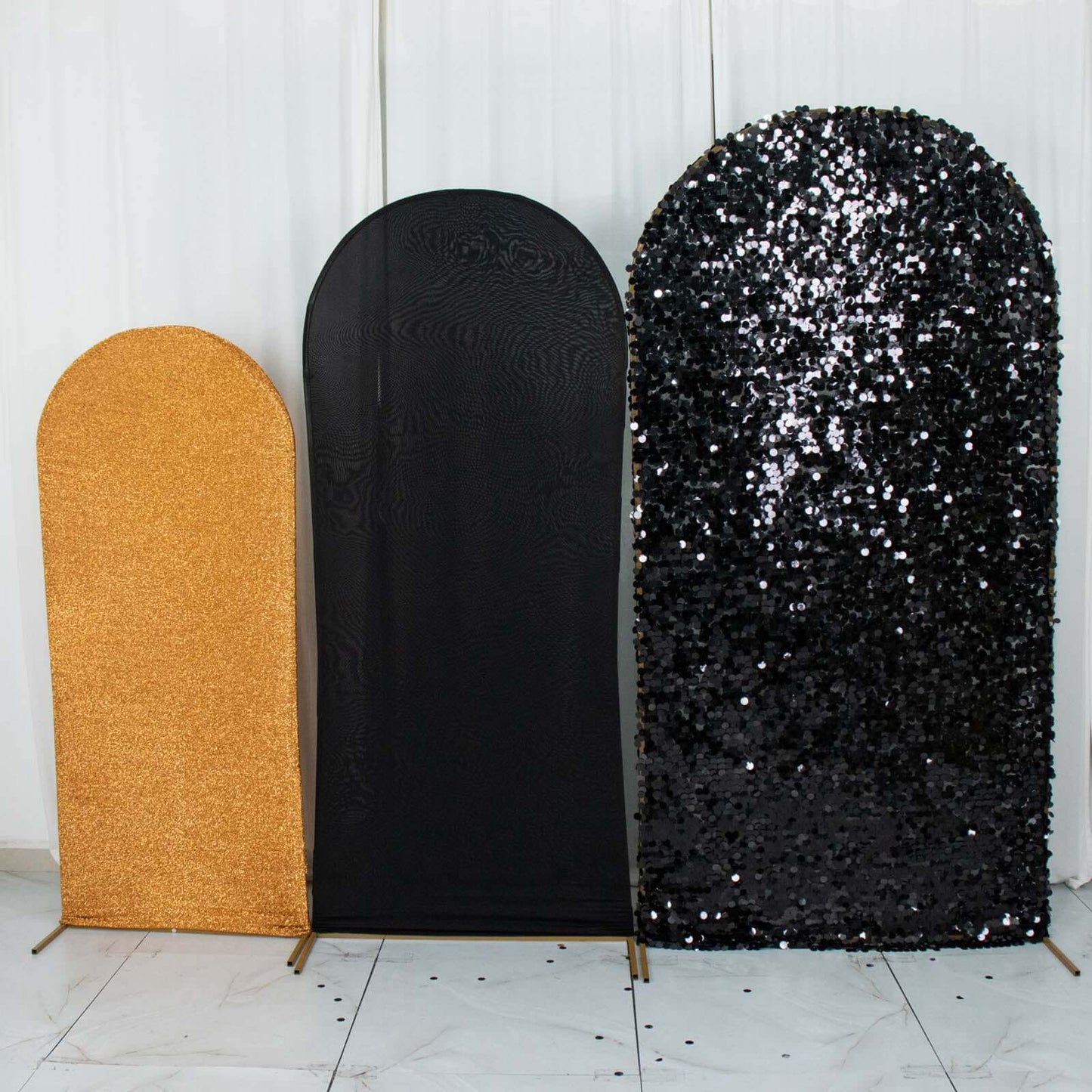 Set of 3 Black Gold Round Top Fitted Wedding Arch Frame Covers, Big Payette Sequin, Shimmer Tinsel and Matte Spandex Backdrop Stand Covers