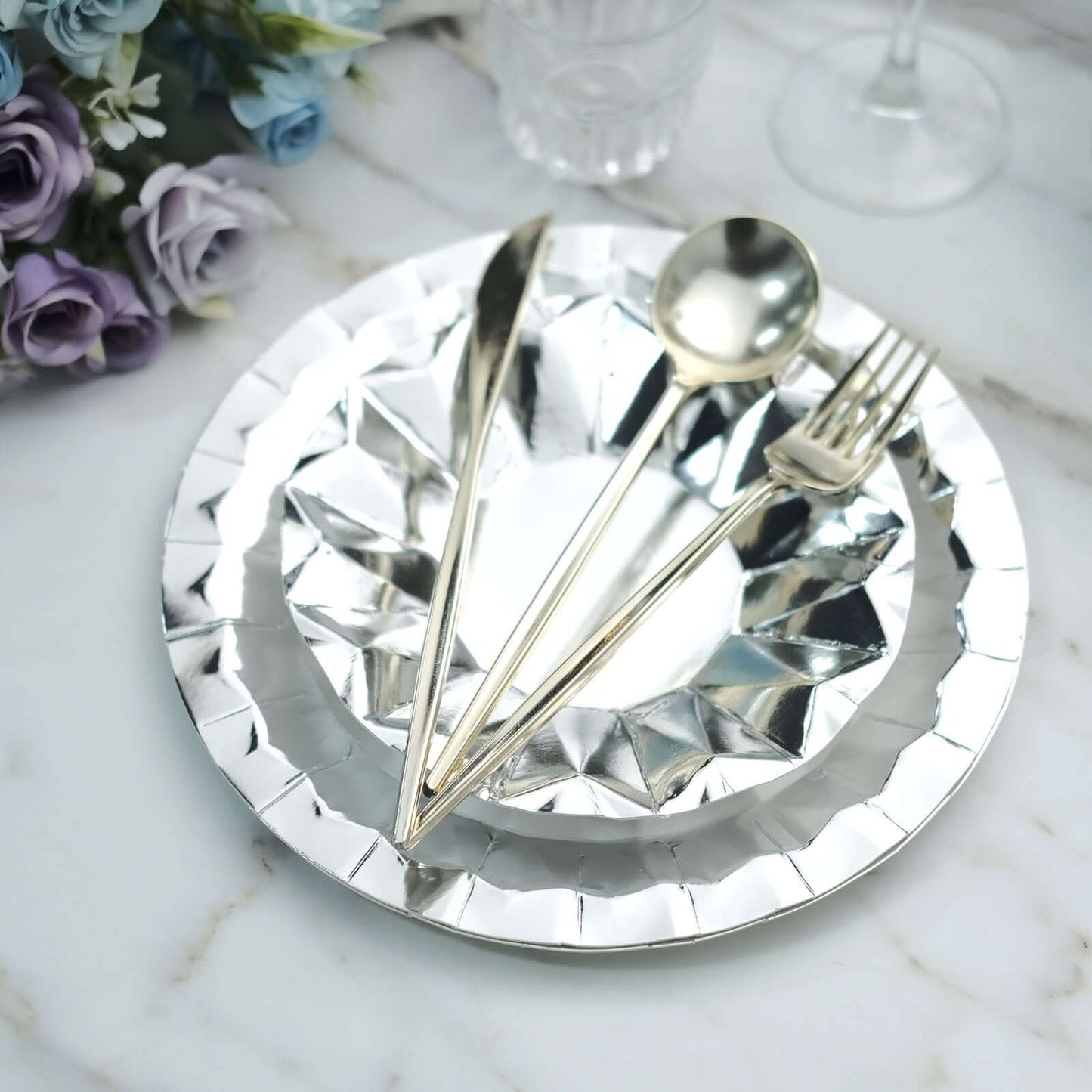 25-Pack Paper 7" Round Dessert Plates in Metallic Silver with Geometric Prism Rim - Disposable 400GSM Appetizer Salad Plates