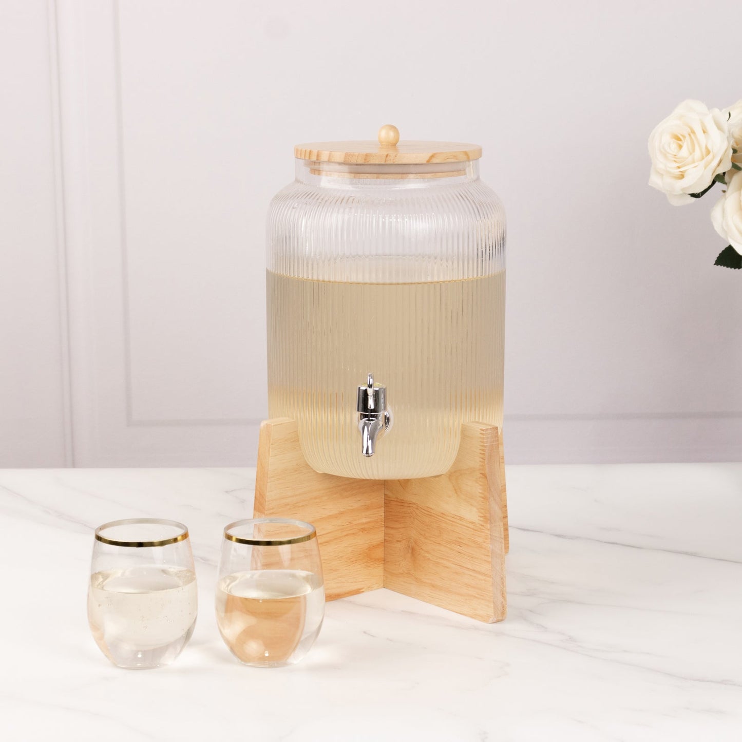 1 Gallon Clear Ribbed Glass Beverage Dispenser, Round Juice Jar with Wooden Stand and Lid - Lead-Free Countertop Feature 14"