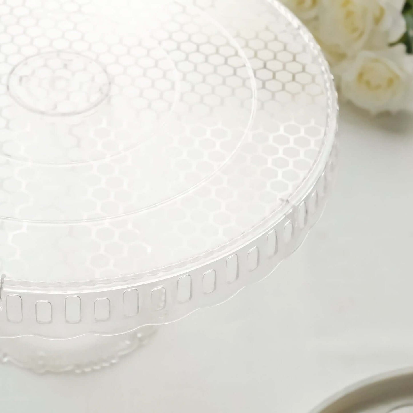 4-Pack Plastic Round Pedestal Cake Stands Clear - Reusable Cupcake Pastry Display Risers with Hollow Ribbon Trim Edges for Stylish Dessert Presentation 13"