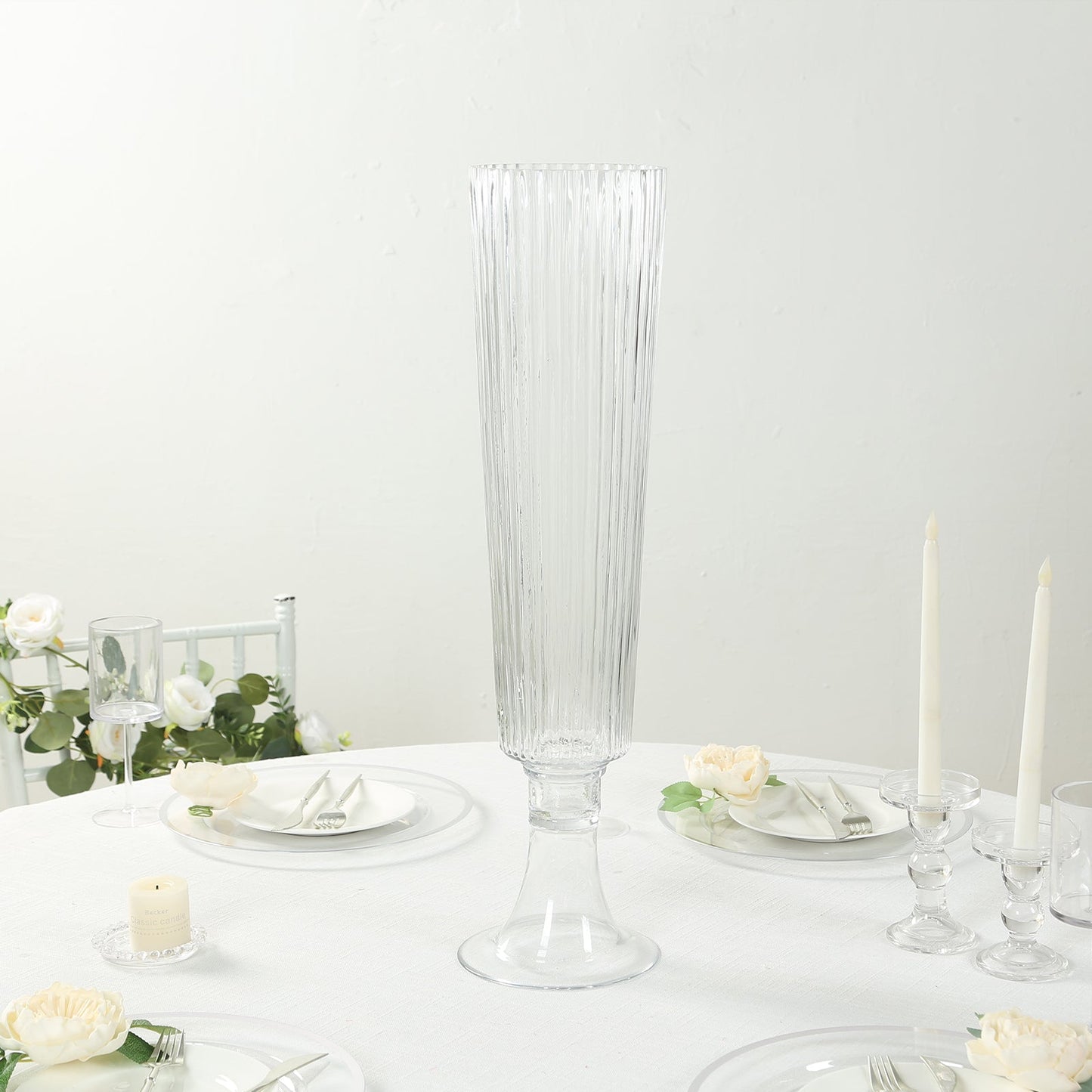 4-Pack Glass Trumpet Vases Ribbed Design Clear - Durable Flower Centerpieces for Events 26"