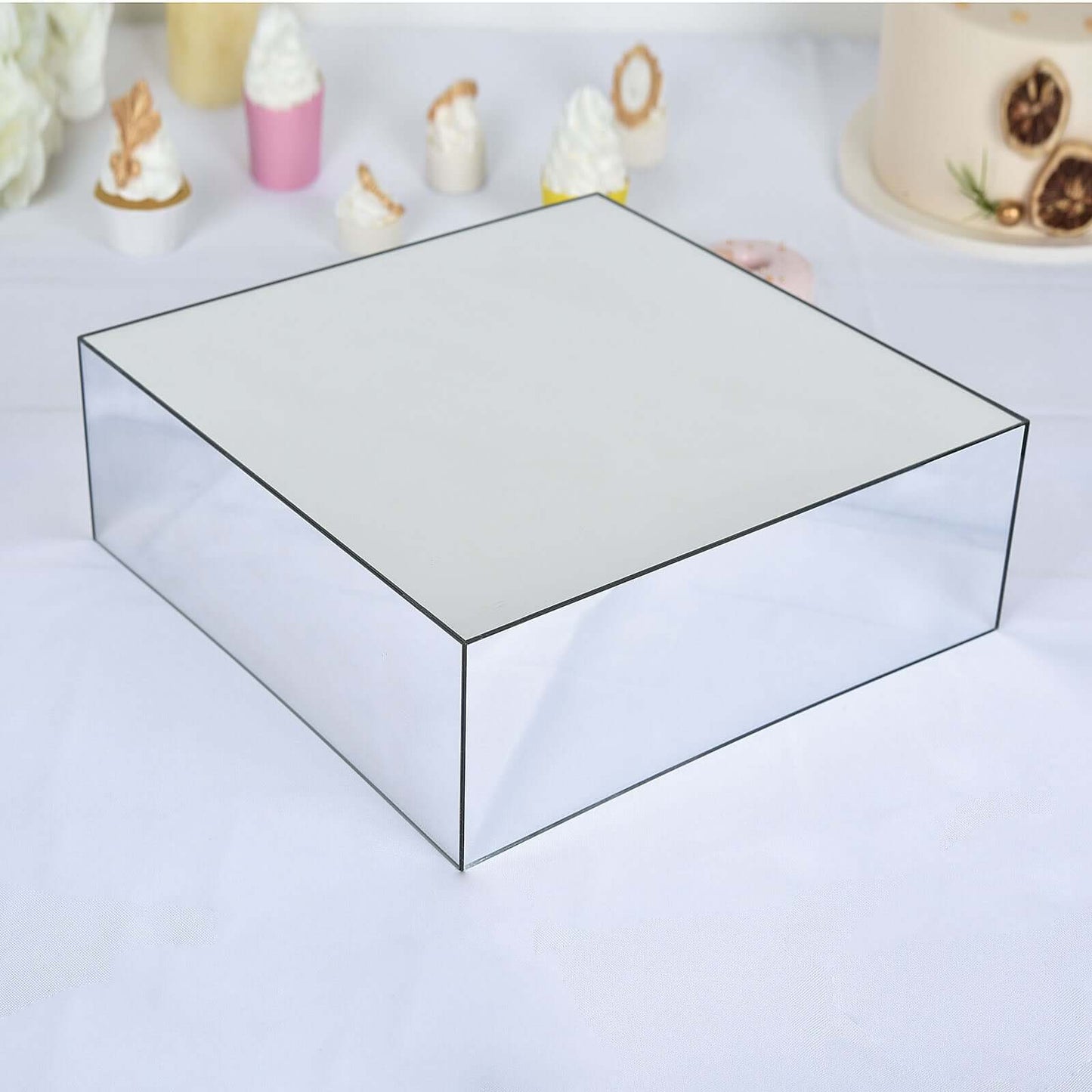 Acrylic Cake Box Stand Pedestal Riser Mirror Finish Silver - Display for Desserts and Events 14"x14"