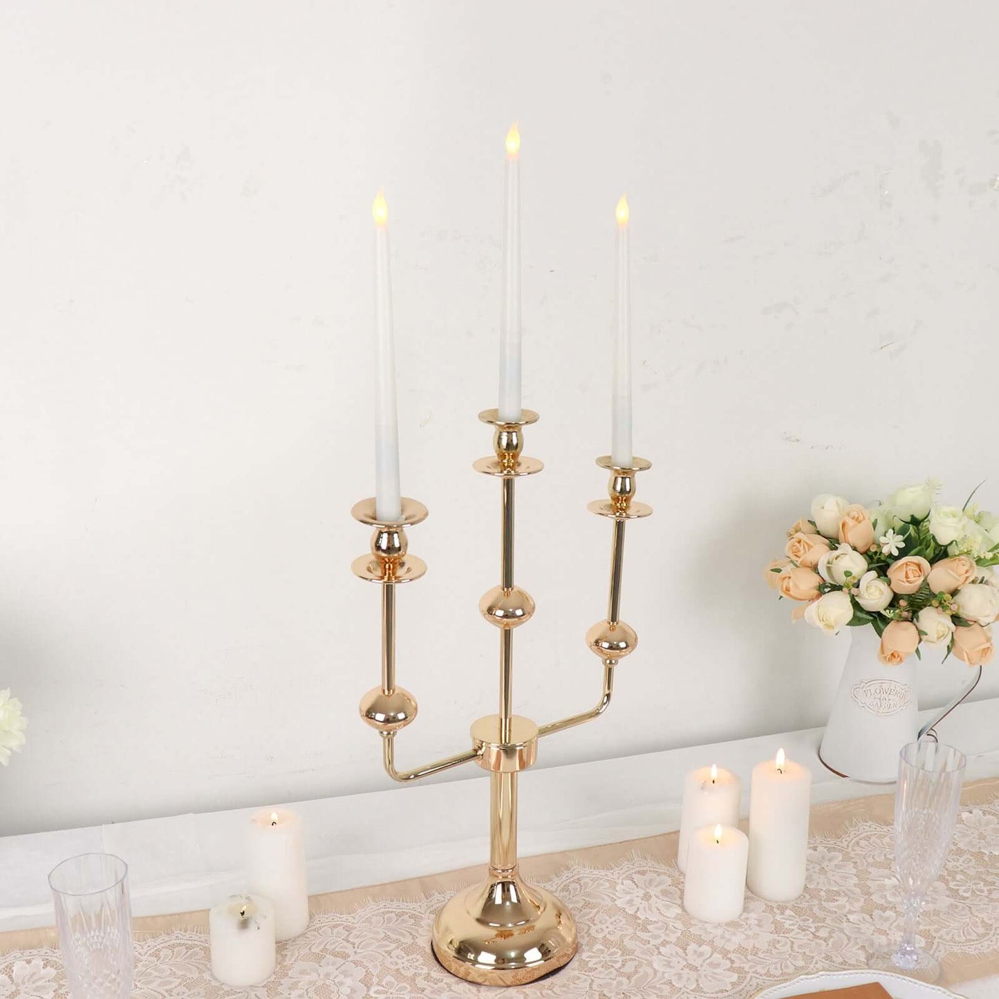 3-Arm Taper Candelabra Candle Holder Stand Gold Metal Wedding Centerpiece - Decorative Display 20"