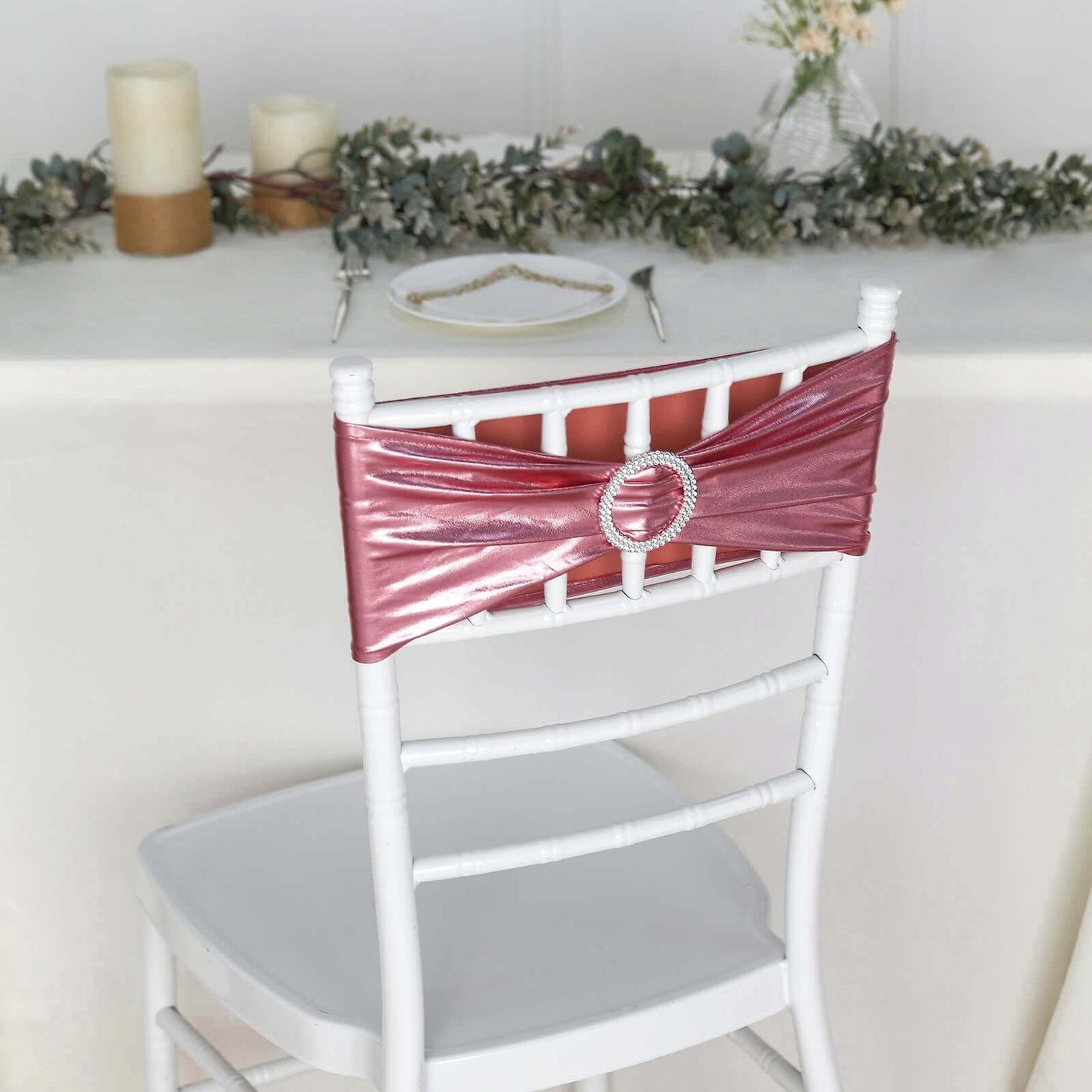 5 Pack Metallic Spandex Chair Sashes Rose Gold - Stretch Fit Chair Bands With Round Diamond Buckles