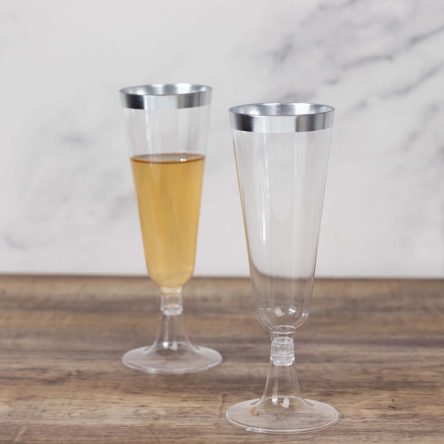 12-Pack Plastic Champagne Flutes Clear with Silver Rim - Stylish Disposable Cocktail Glasses for Parties 5oz 6"