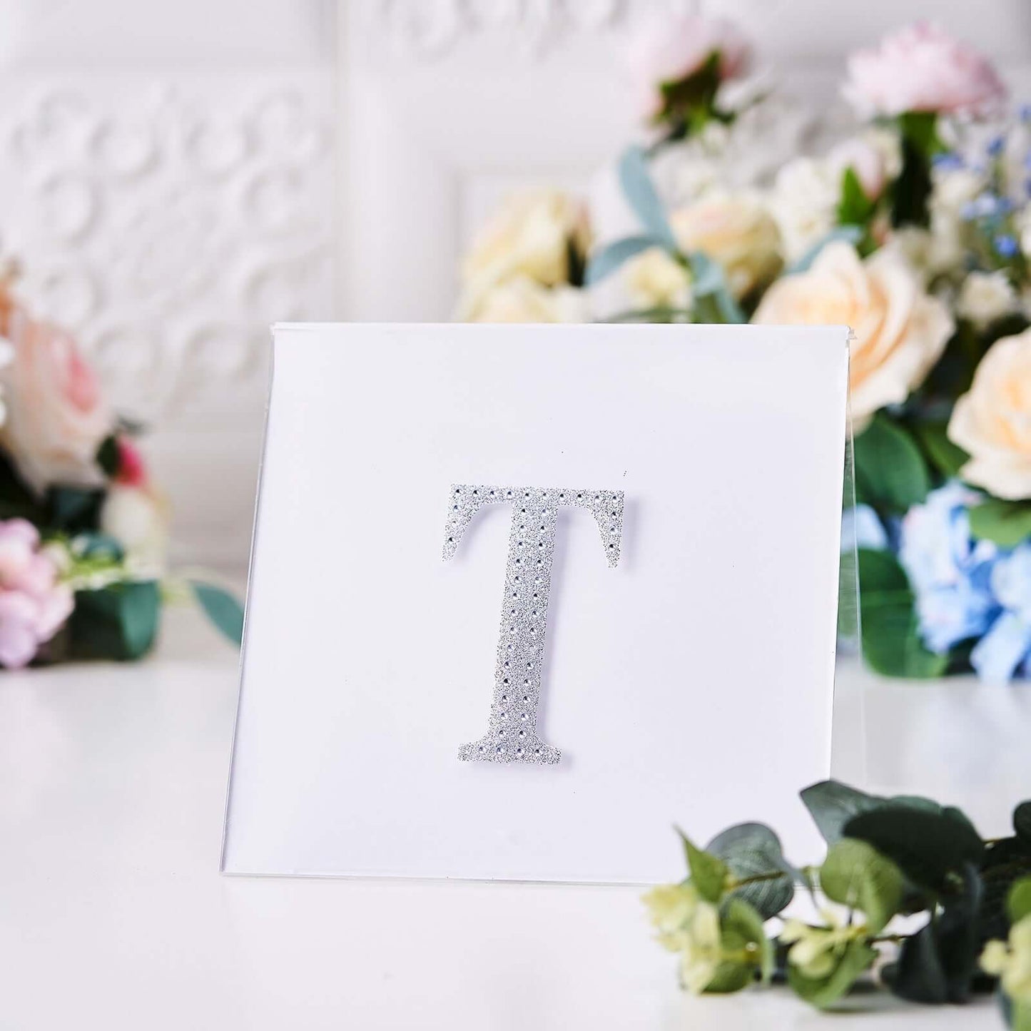 Decorative Rhinestone Alphabet "T" Letter Stickers, Glitter Adhesive Craft Letters Silver DIY Sparkle Embellishments 4"