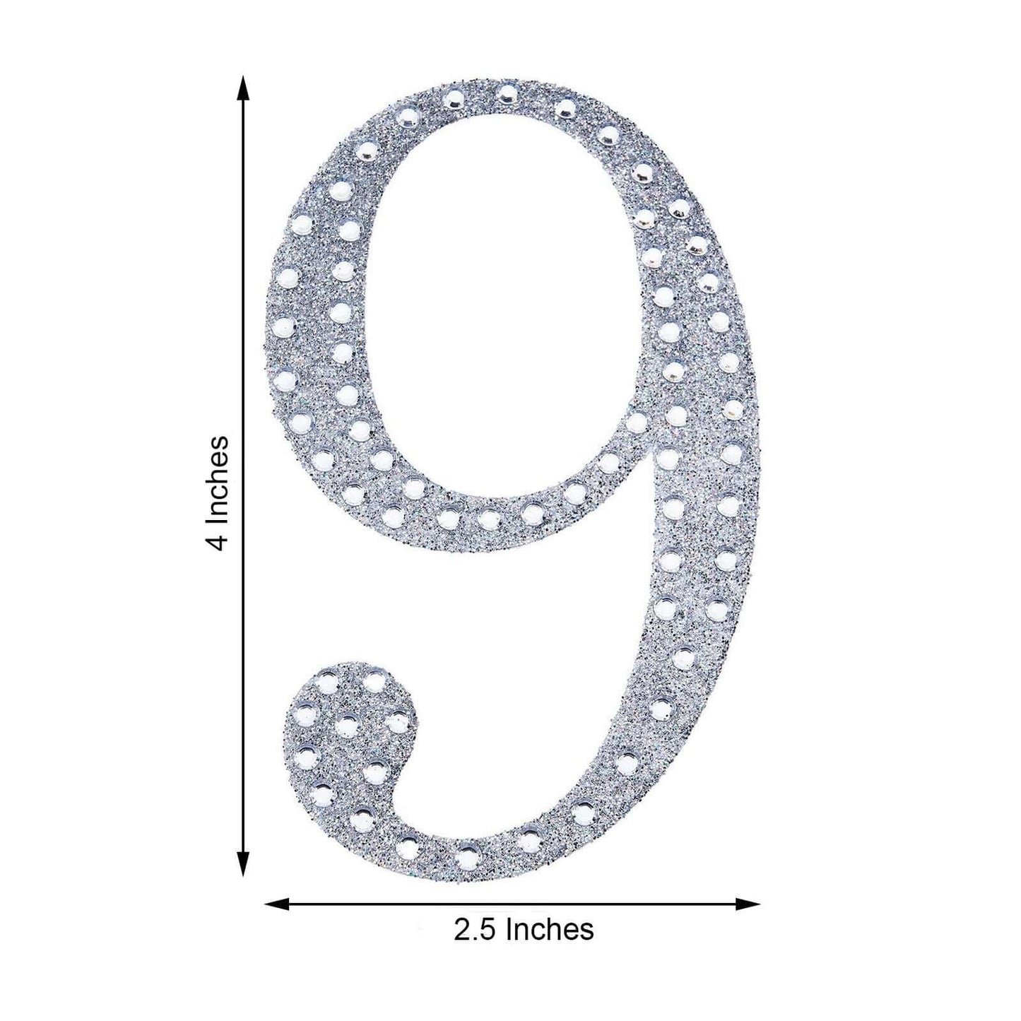 Decorative Rhinestone Number "9" Stickers, Glitter Adhesive Craft Numbers Silver DIY Sparkle Embellishments 4"