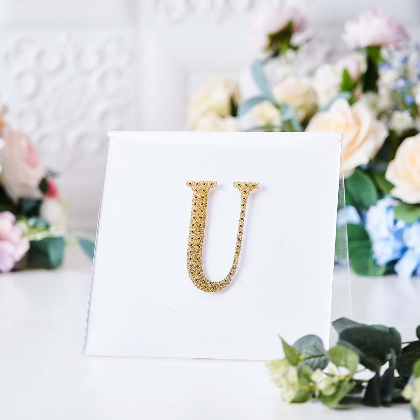 Decorative Rhinestone Alphabet "U" Letter Stickers, Glitter Adhesive Craft Letters Gold DIY Sparkle Embellishments 4"