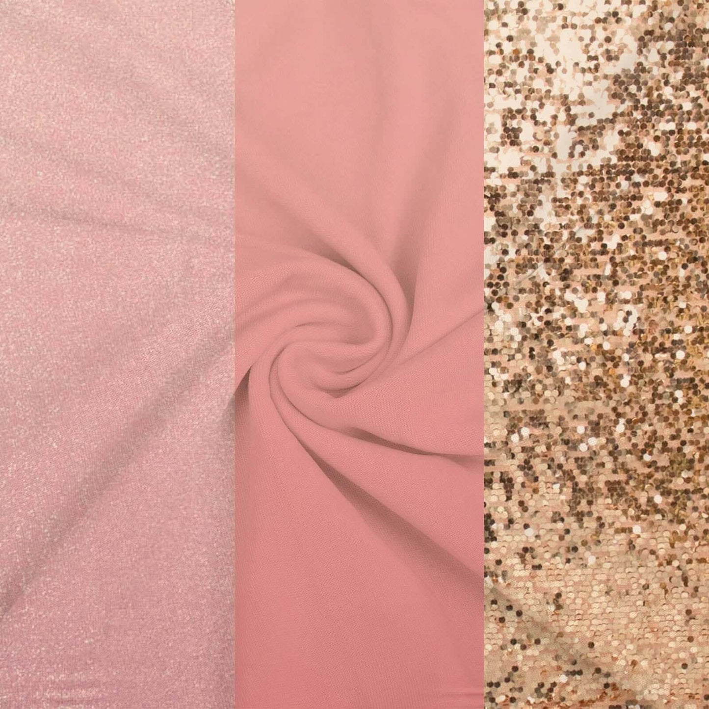 Set of 3 Rose Gold Round Top Fitted Wedding Arch Frame Covers, Big Payette Sequin, Shimmer Tinsel and Matte Spandex Backdrop Stand Covers