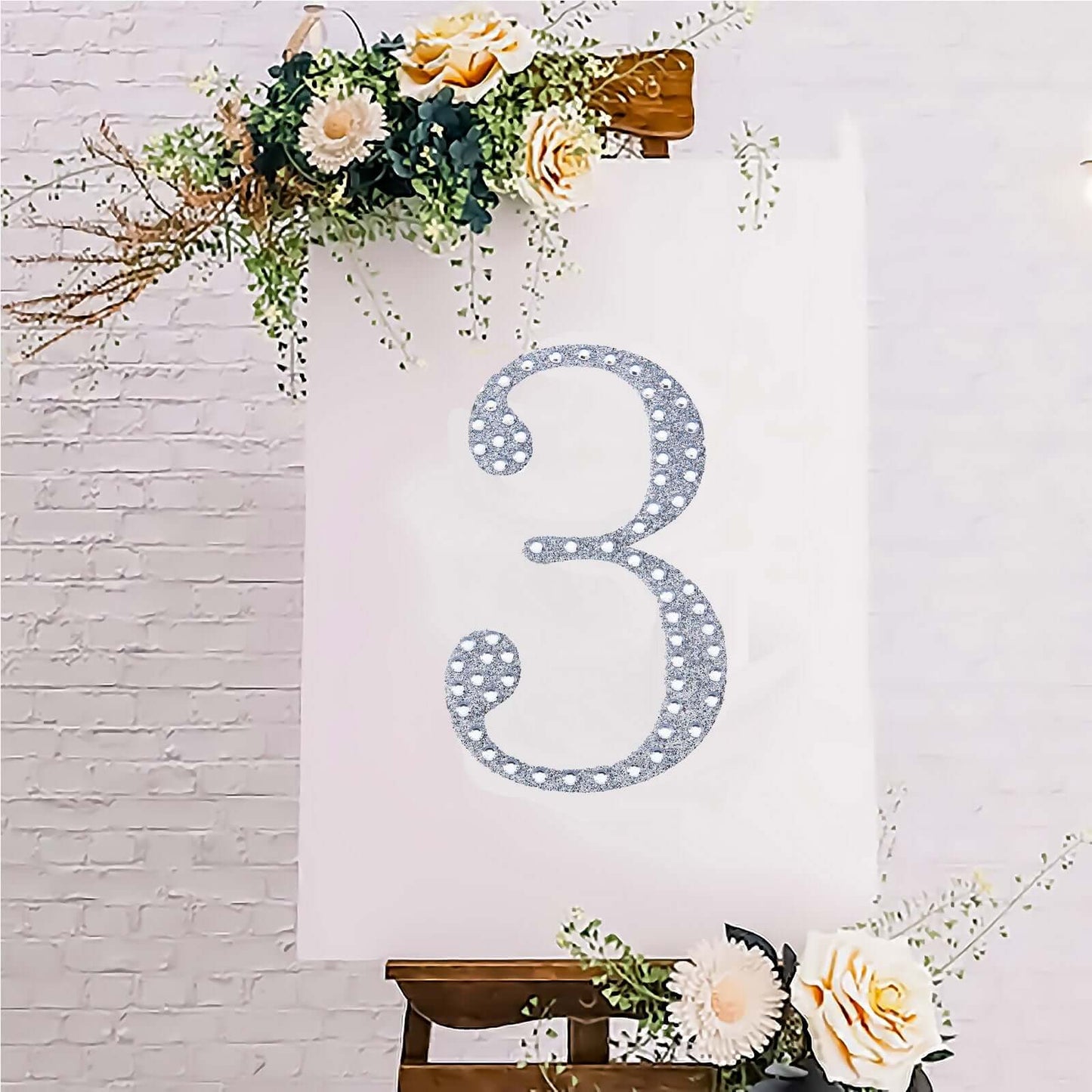 Decorative Rhinestone Number "3" Stickers, Glitter Adhesive Craft Numbers Silver DIY Sparkle Embellishments 8"