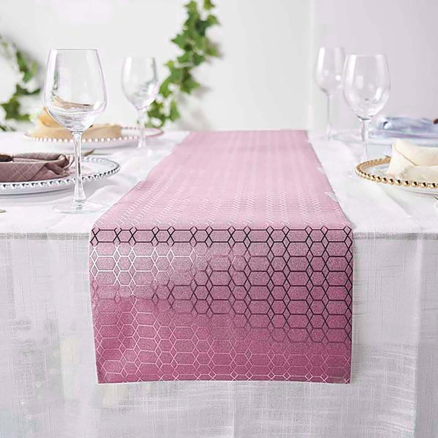 Glitter Paper 9ft Table Runner Roll Rose Gold Disposable Geometric Honeycomb Pattern - Stylish Table Decor