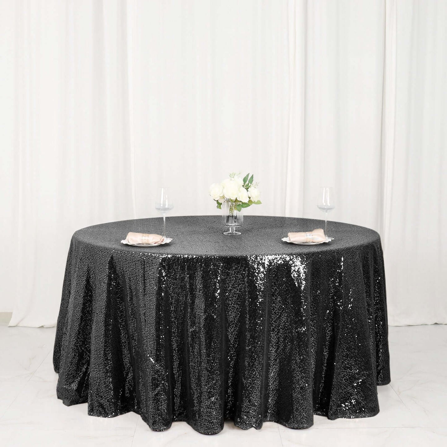 Sequin 120" Round Tablecloth Black - Seamless Glittering Table Cover