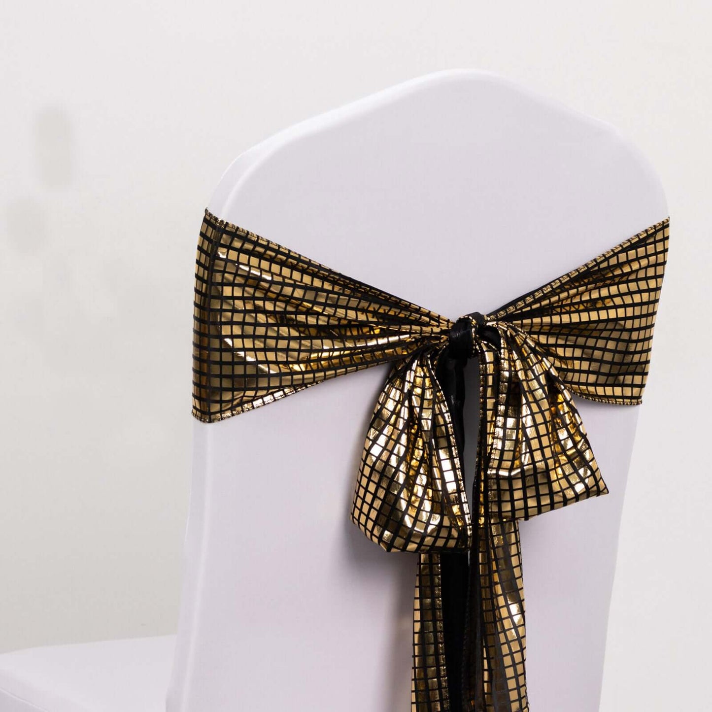 5 Pack Chair Sashes Shiny Foil Polyester 6"x108" Black/Gold - Stylish Disco Mirror Ball Event Decor