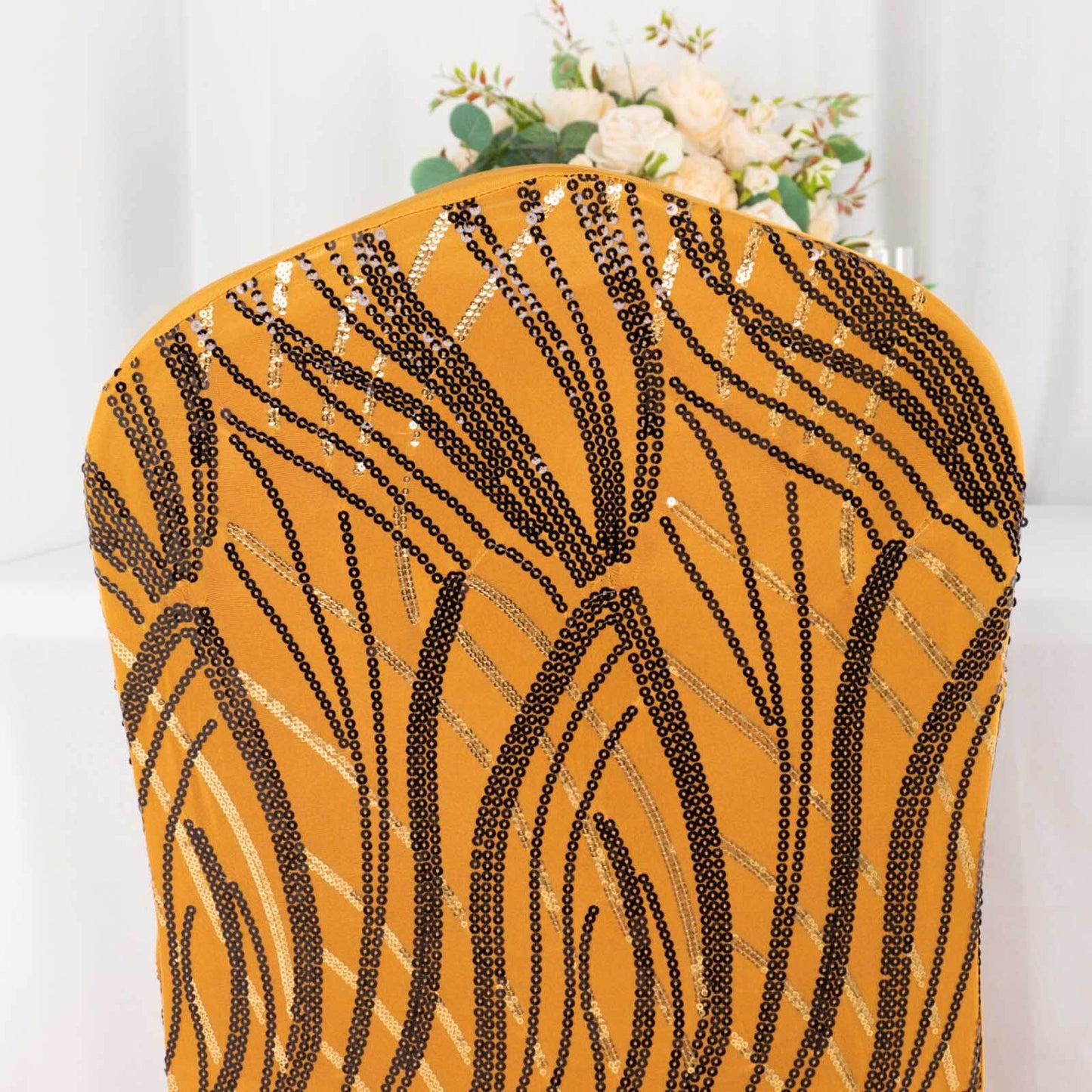 Spandex Chair Cover with Wave Embroidered Sequins for Banquet Chairs Gold/Black - Glittering Stretch Fitted Slipcover